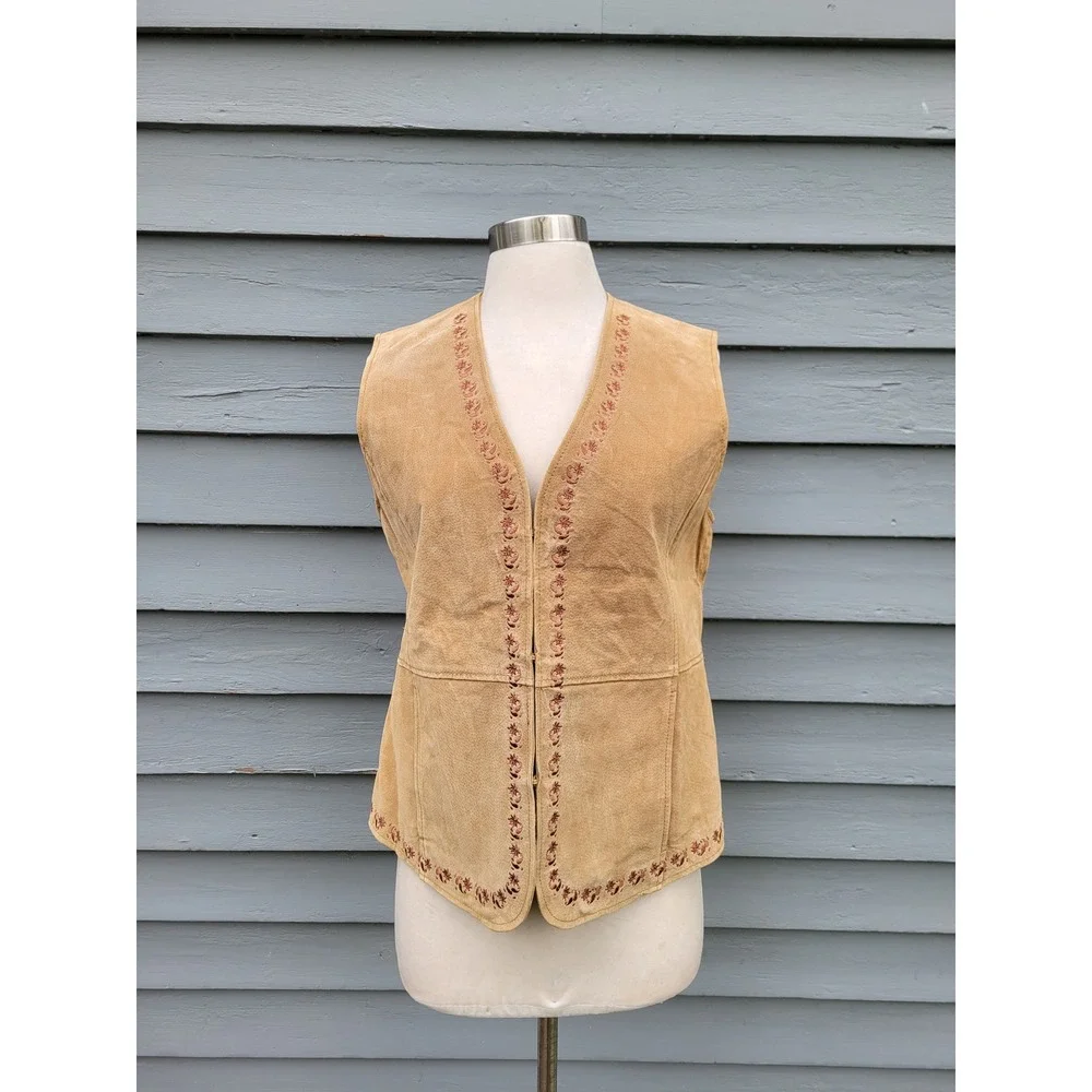 Vintage Outbrook Vest Camel Tan‎ Suede Leather Floral Embroidered Western M 8/10